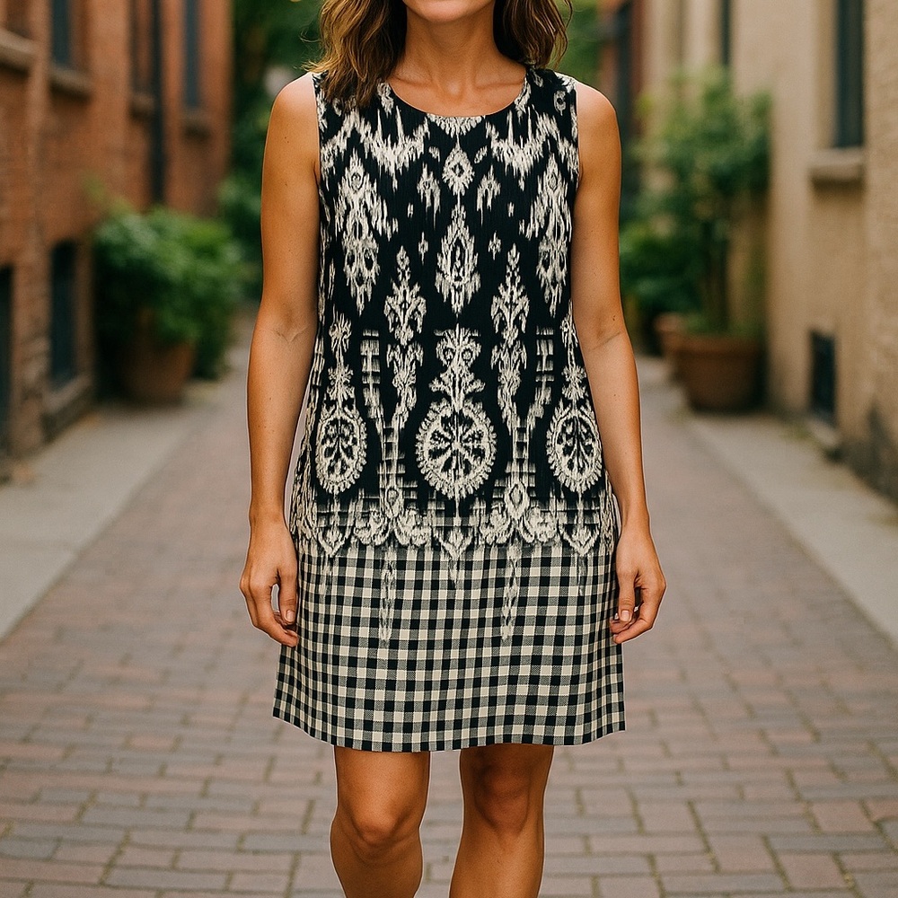 AB Studio Sheath Dress Women’s Size 8 Aztec Print White Black Tan Sleeveless